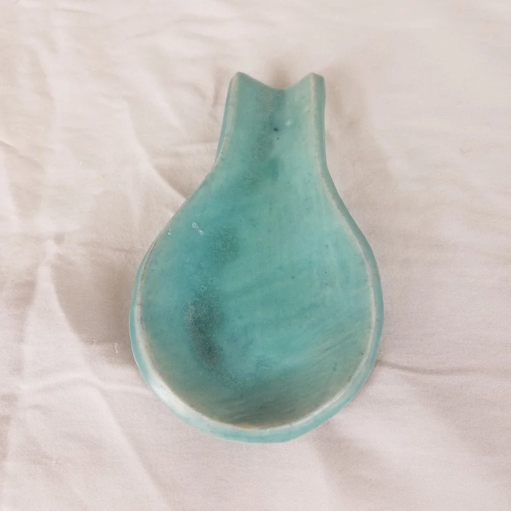 Handmade Ceramic Spoon Rest Kitchen Turquoise Teal Glazed Excellent Artisan 6.5